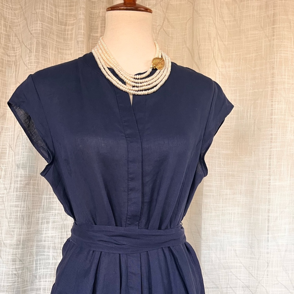 DKNY pure Asymmetrical Navy and White Linen Dress - Picture 7 of 14